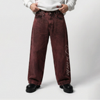 Y2K Vintage Letter Print Rivet Waist Belt Design Red High Waist Wide Leg Jeans