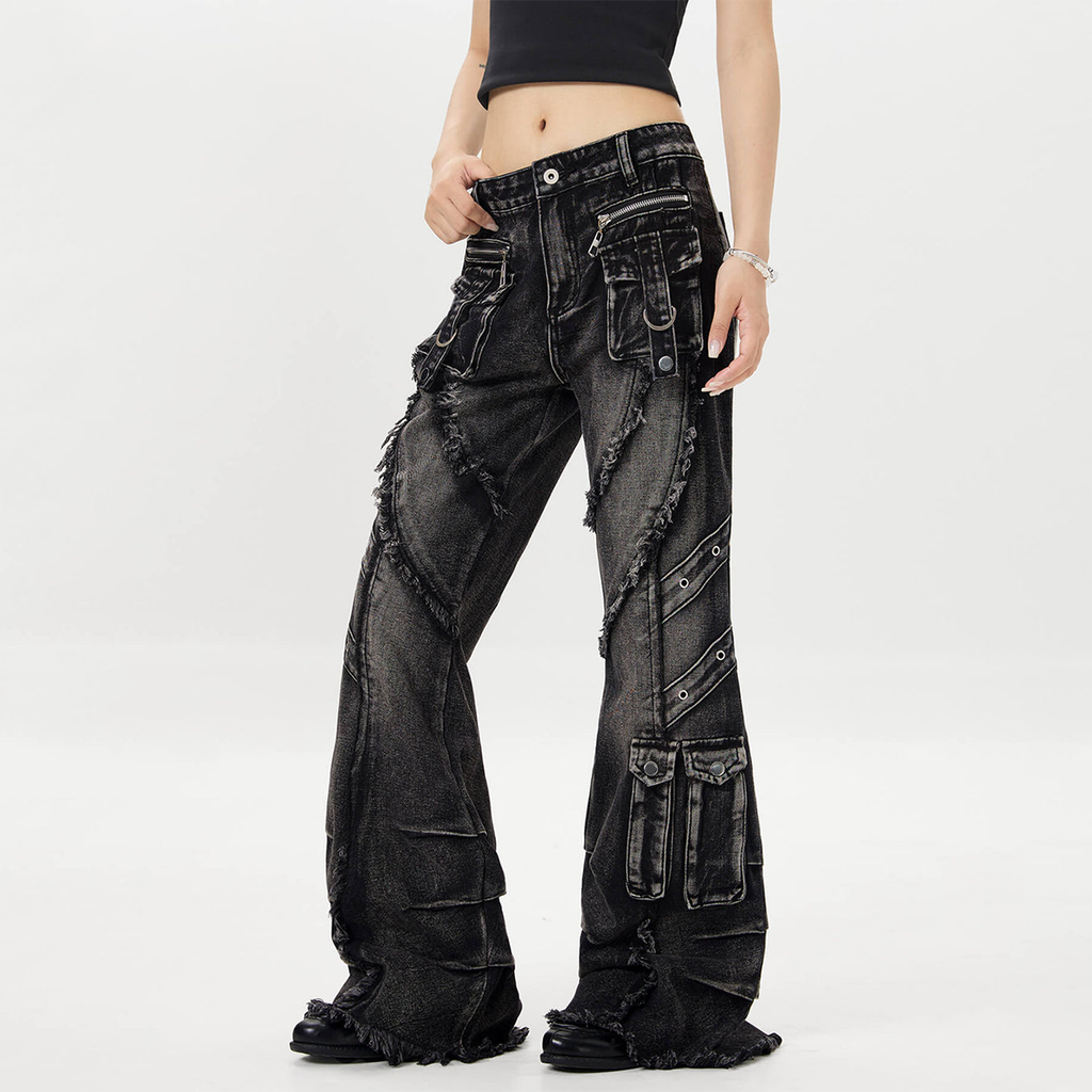 Women's Y2k Baggy Flare Jeans 2000s Style Patchwork Denim Pants
