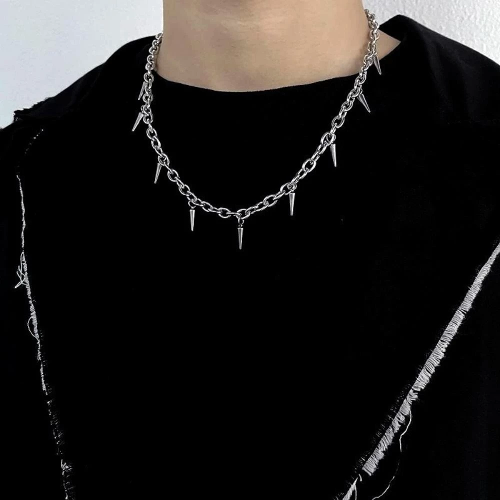 Grunge Punk Spiked Chain Link Choker Necklace Jewelry