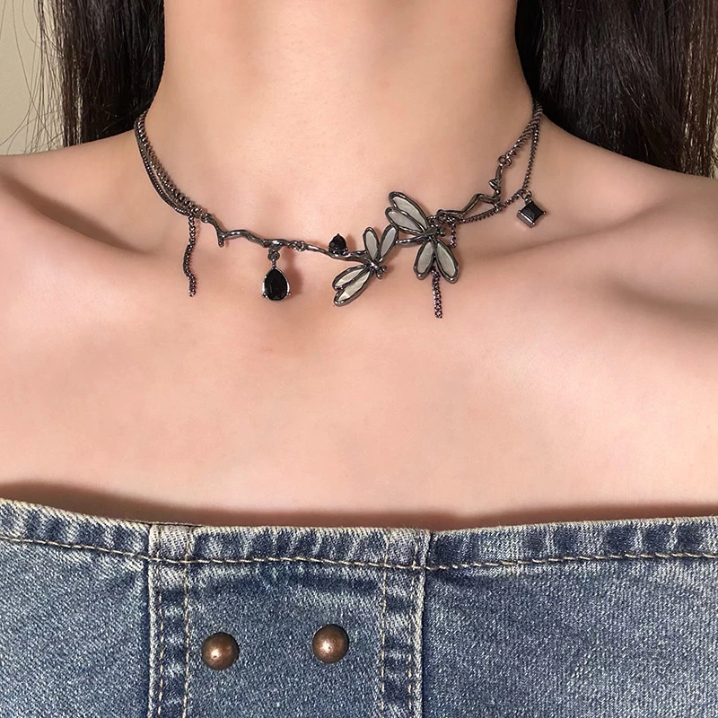 Whimsical Gothic Dragonfly Branch Choker Necklace Jewelry